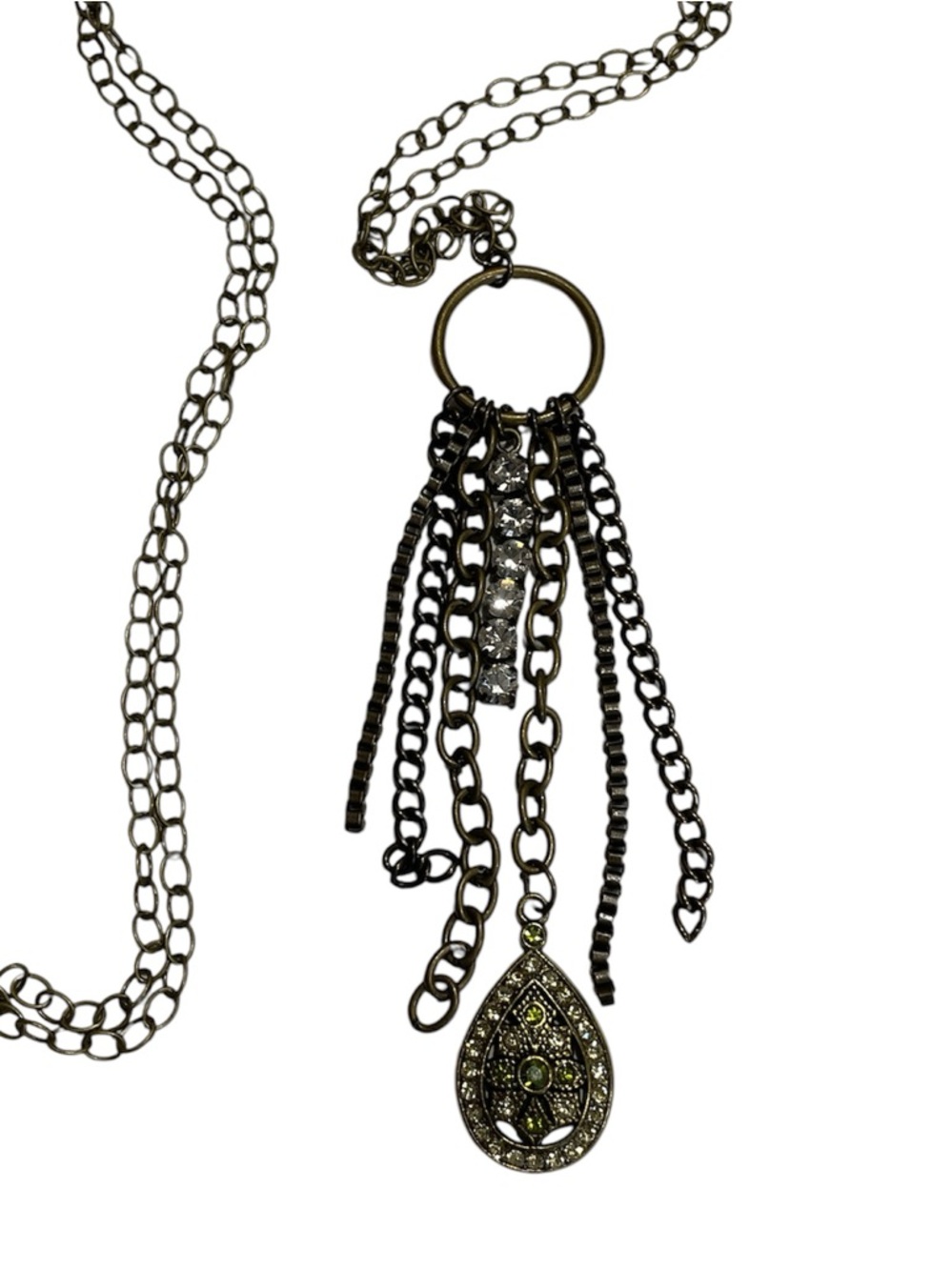 ✔️✔️Antique Brass Teardrop Circle Pendant with chain and Rhinestone Necklace